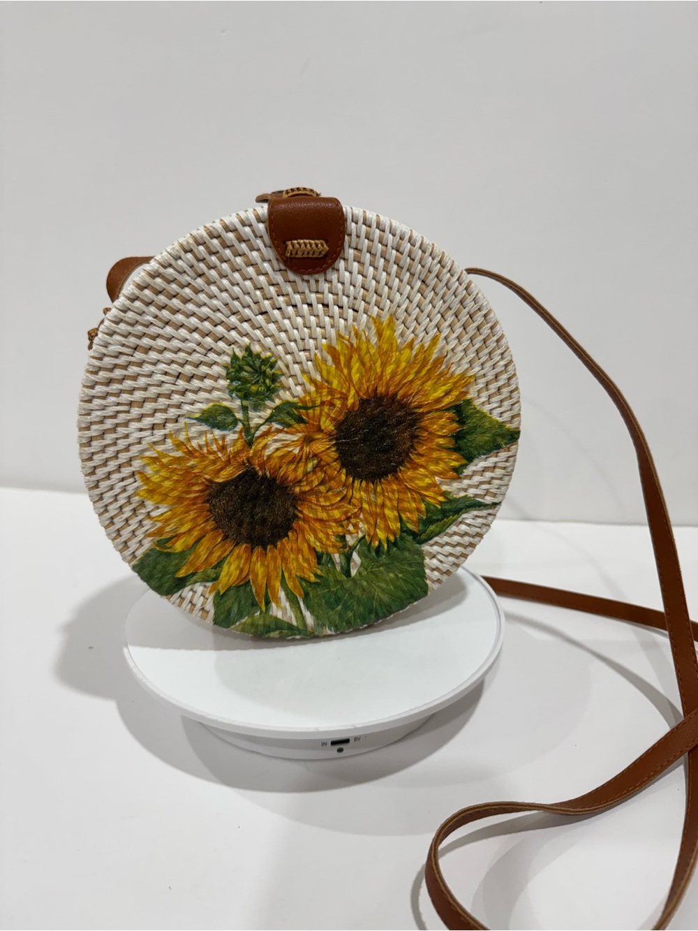 Sunflower Woven Crossbody Bag - Brown Strap